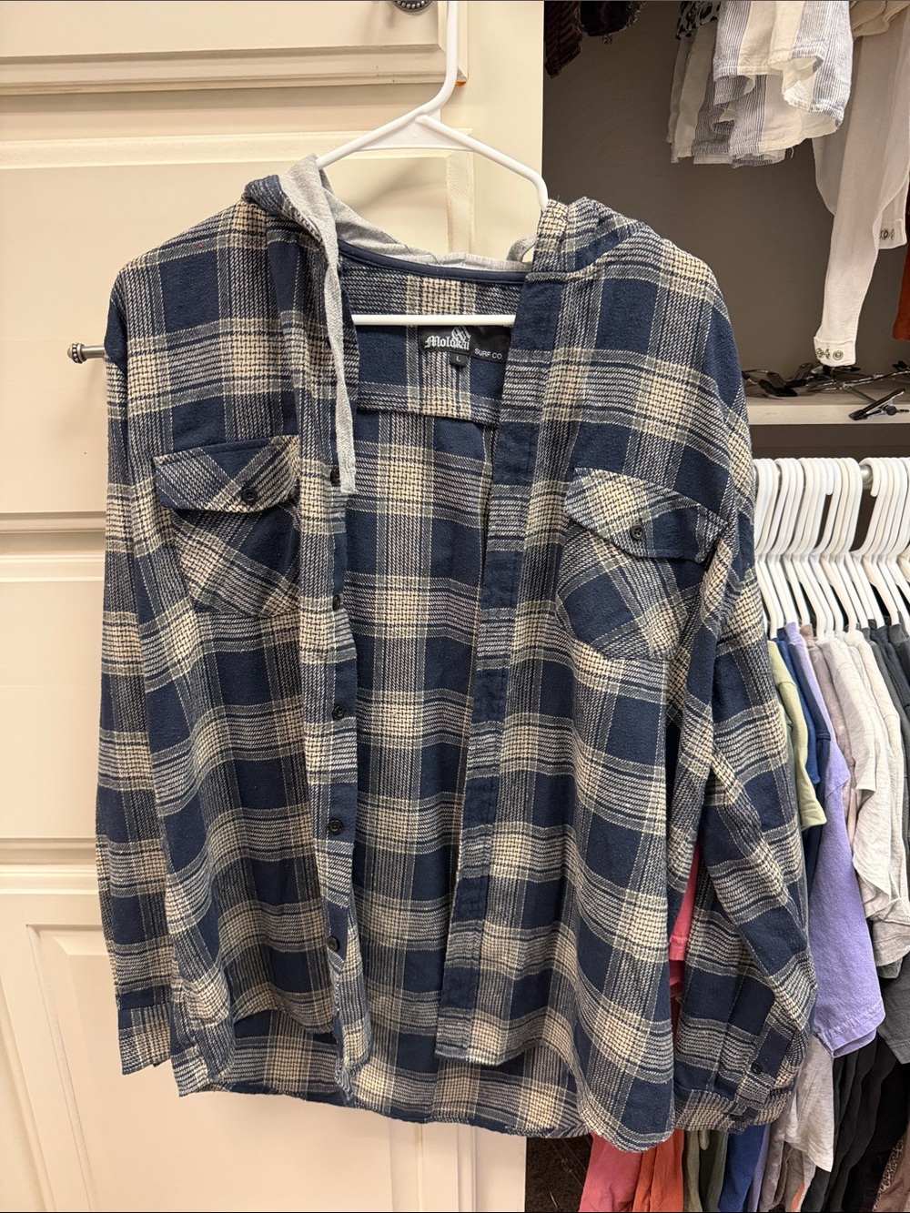 Plaid Hooded Flannel Shirt Jacket - Blue and Cream